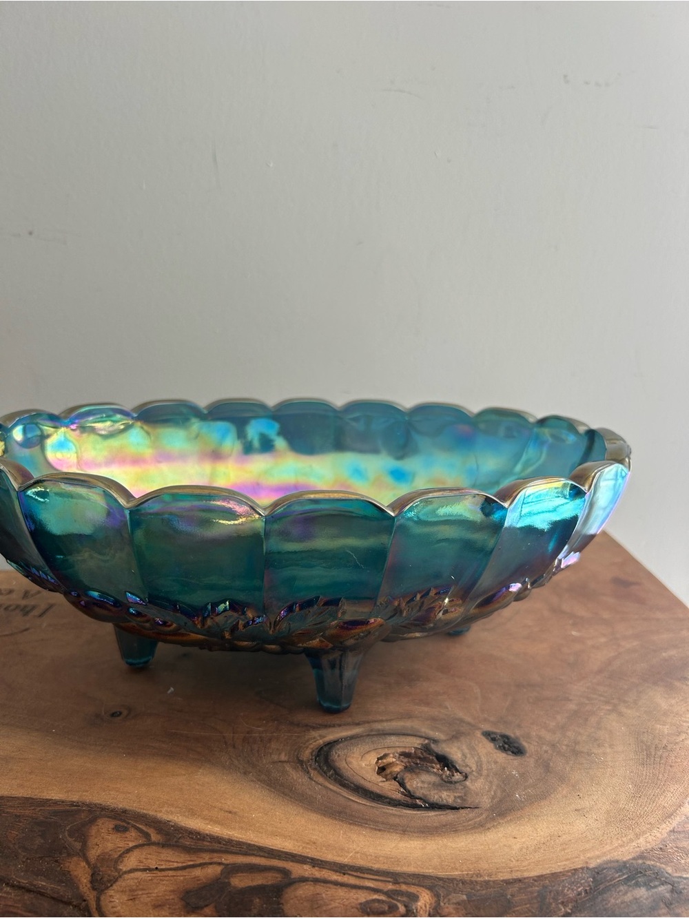 Vintage Indiana Carnical Glass 12" Blue Harvest Oval Footed Grape Fruit Bowl